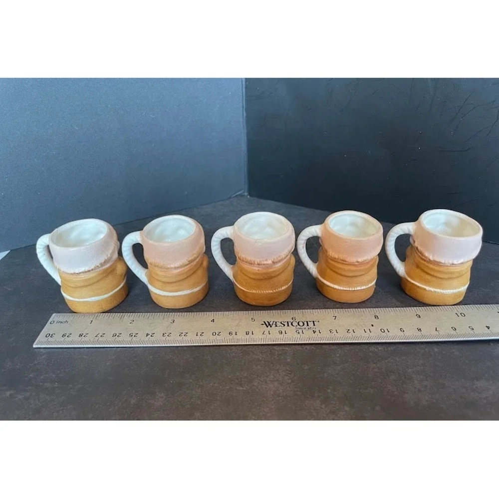 Vintage Praying Friar Monk Ceramic Decanter and 5 Shot Glass Mugs Set Tan